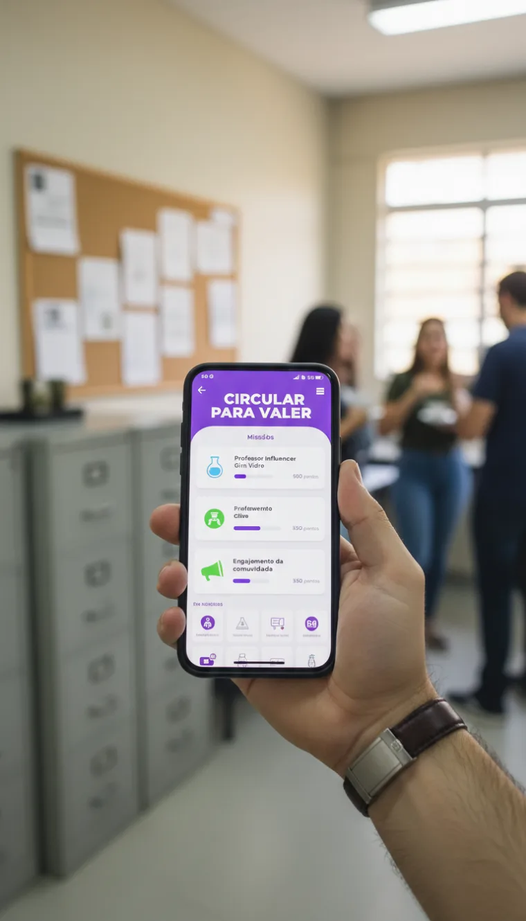 Celular exibindo a gincana gamificada da plataforma, segurado em uma escola