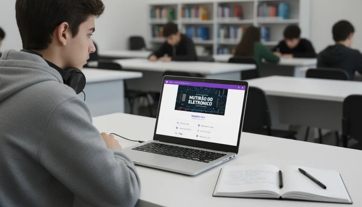 Estudante em sala estudando no computador, com a trilha da Plataforma Mobiliza na tela